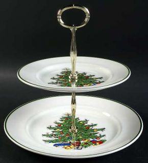 Cuthbertson Christmas Tree (Narrow Green Band,White) 2 Tiered Serving Tray (Dinn