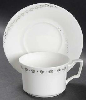 Noritake Breton Flat Cup & Saucer Set, Fine China Dinnerware   4872,Platinum&Gra