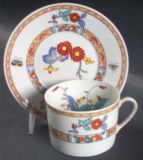 Bernardaud Pak Hoi Flat Cup & Saucer Set, Fine China Dinnerware   Insects, Blue