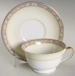 Noritake Swansea Footed Cup & Saucer Set, Fine China Dinnerware   Blue Band,Whit