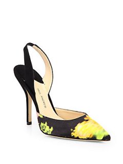 Paul Andrew Passion Floral Print Satin Slingback Pumps   Black Yellow