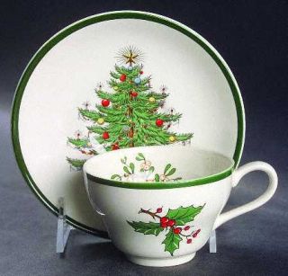 Cuthbertson Christmas Tree (Wide Green Band) Footed Cup & Saucer Set, Fine China