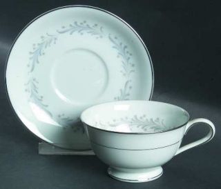 Noritake Cavalier Footed Cup & Saucer Set, Fine China Dinnerware   Gray Flowers,