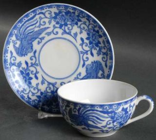Noritake Howo Flat Cup & Saucer Set, Fine China Dinnerware   Blue Band,Birds & F
