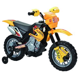 Dirt Bike Yellow 6 Volt Battery Operated Ride on (YellowOn off power switchDrives forwardWorking front light and musicPress button on handlebar to goSpeed: 3 mphBattery: 6vBattery can run for up to 1 hour on one charge (depending on weight and road condit