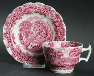 Booths British Scenery Pink Flat Cup & Saucer Set, Fine China Dinnerware   Pink