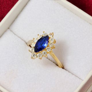 High Quality Vintage Gold Plated Blue Cubic Zirconia With Clear Rhinestone Olivary Womens Ring