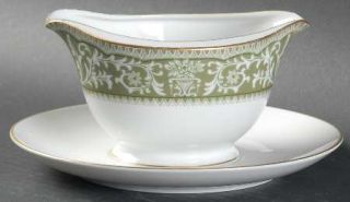 Sone Bounty Green Gravy Boat with Attached Underplate, Fine China Dinnerware   W