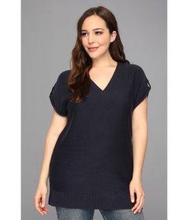 MICHAEL Michael Kors Plus Size Roll Sleeve Tab V neck Sweater Womens Sweater (Navy)