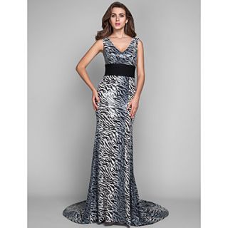Trumpet/Mermaid V neck Court Train Sequined And Chiffon Evening Dress (605473)