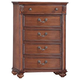 Berkley 5 drawer Chest (Hardwood solids and pine veneersFinish: Warm pineDimensions: 54 inches long x 38 inches wide x 17 inches deepWeight: 143 poundsThe Berkley chest features 5 spacious drawers and is accented by the carved leaf design, antique brass r