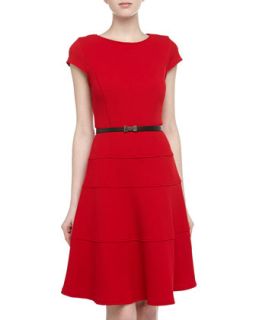 Tiered Belted Fit And Flare Dress, Red