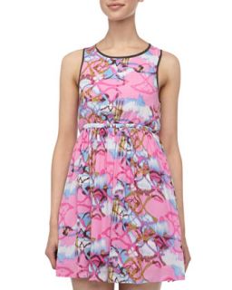 Abstract Floral Print Fit And Flare Dress, Bubble Gum