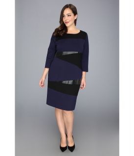 DKNYC Plus Size 3/4 Sleeve Dress w/ Faux Leather Womens Dress (Blue)