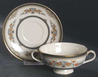 Minton Stanwood (Gold Trim) Footed Cream Soup Bowl & Cup Saucer Set, Fine China
