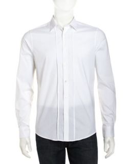 Stretch Poplin Pleated Sport Shirt, White