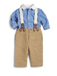 Ralph Lauren Infants Two Piece Striped Shirt & Suspender Pants Set   Blue Tan