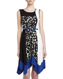Belted Leopard Print Colorblock Dress, Black/Blue