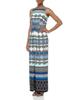 Sleeveless Striped/Printed Jersey Dress, Holland Blue