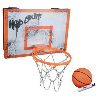 Hard Court Basketball Without Electronics (Orange/whiteDimensions: 19 inches long x 4 inches wide x 3 inches highWeight: 2.2 pounds18 inch x 12 inch pro style backboard with spring loaded rim1 or 2 player gamesDouble rim for unmatched playSet includes: On