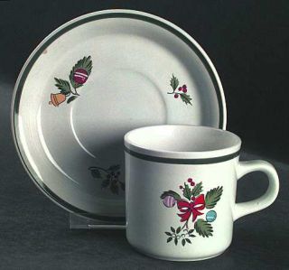 Yamaka Noel Flat Cup & Saucer Set, Fine China Dinnerware   Green Band 1/4 From